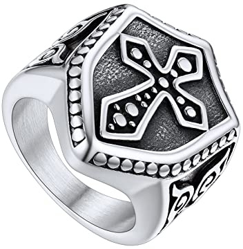 U7 Edelstahl Tempelritter Kreuz Schild Ring Wikinger Silberring Herren Biker Statement Ring Großer Fingerring Modeschmuck Accessoire für Männer Jungen(Ring Größe 72)