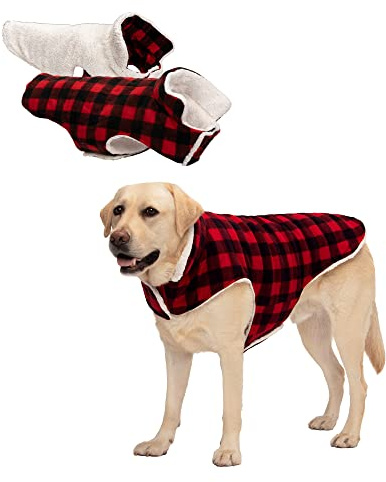 Furhaven Reversible XL Dog Coat, Washable & Insulating w/ Leash Access - Sherpa & Plaid Fleece Flex-Fit Jacket - Cream/Red, Extra Large