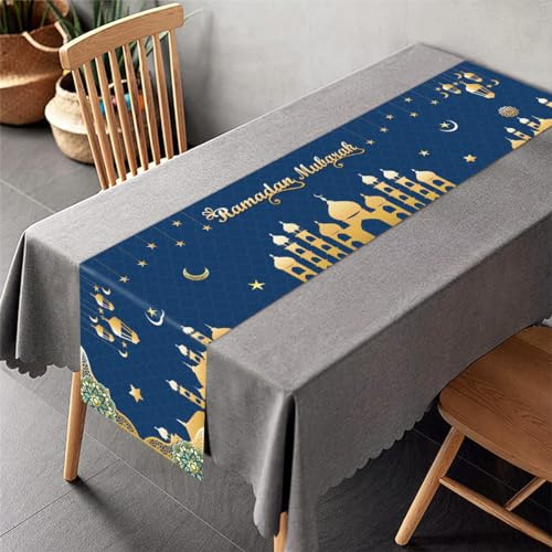 PARSUP Ramadan Mubarak Tischläufer Tischdekorationen - Leinen Ramadan Moschee Laterne Islamisch Happy Ramadan Mubarak 2024 Party Supplies Dekorationen, 180 x 35 cm