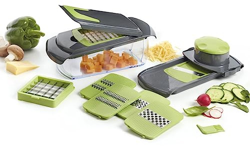 Qdesign - Multifunktionale 10-teilige Mandoline - Manueller Gemüseschneider mit 7 Klingen, Auffangbehälter, Schneidedeckel, Stößel und Reinigungsgabel - Geschirrspülergeeignet- Grün/Grau