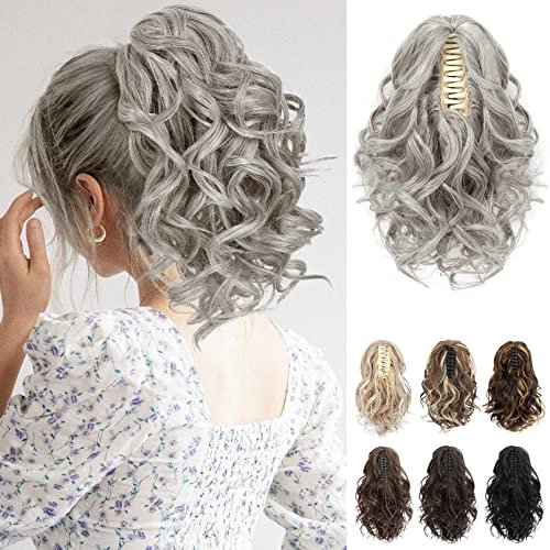REECHO Ponytail Extension, Haarklammer in Pferdeschwanzverlängerung kurzer lockiger Pferdeschwanz natürlich gewelltes Pferdeschwanz Haarteil für Frauen – Grau/Braun/Silber/Weiß gemischt