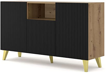 Homlando Kommode Ravenna B 150 cm 2D1DM Sideboard mit 3 Türen - Highboard - Moderner Kommode für das Schlafzimmer oder Wohnzimmer - Artisan Eiche/Schwarz Matt