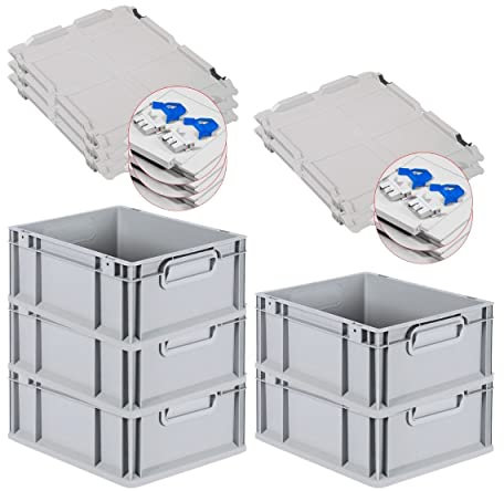 PROREGAL SuperSparSet 5x Eurobox NextGen Grip mit Scharnierdeckel und blauen Schiebeschnappverschlüssen, HxBxT 17x30x40cm, 16 L, Grau, Griffe geschlossen, Eurobehälter, Transportbox