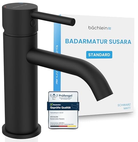 Bächlein Badarmatur Susara mit gebogenem Auslauf, Design Einhebelmischer mit langlebiger Keramikkartusche und Montage-Set, Bad Wasserhahn Matt Schwarz