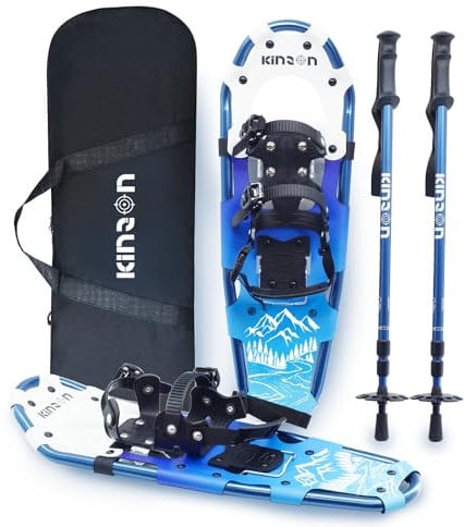 KinZon Raquettes à Neige 3 en 1, légères et Solides, avec bâtons de Trekking et Sac de Transport, Dispositif de rehaussement du talonm Parfait pour la randonnée (Bleu, 63.5cm (pour 54-86kg))