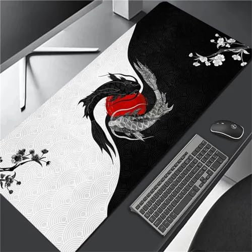 Mauspad Gaming XXL,1000x500x3mm Groß Mousepad,Wasserdicht Mouse Mat Pad mit Anti-Rutsch Gummibasis,mit Genähte Kanten,Mausmatte für Computer,Laptop,Tastatur - Schwarz-weißer japanischer Fisch