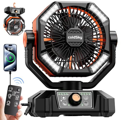 coldSky Ventilatore da campeggio con ventola a batteria con lanterna a 4 LED, ventilatore da tavolo a 8 velocità con telecomando, ventilatore portatile da esterno con gancio per tenda, interruzioni di