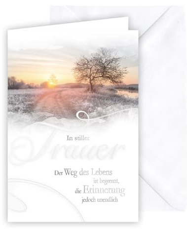 KE - Beileidskarte, Trostkarte, Beileidsbekundung Karte, Trauerkarte, silbern geprägte Verzierung, inkl. Umschlag, DIN B6 Format, weiß, Motiv: Weg des Lebens