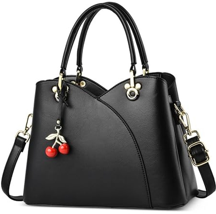 DORRISO Elegante Damen Handtasche PU Leder Mode Henkeltasche mit Schickem Kirsch-Anhänger Schultertasche für Reise Urlaub Business Lässig Nachmittagstee Einkaufen Damen Tasche Tote Bag Schwarz