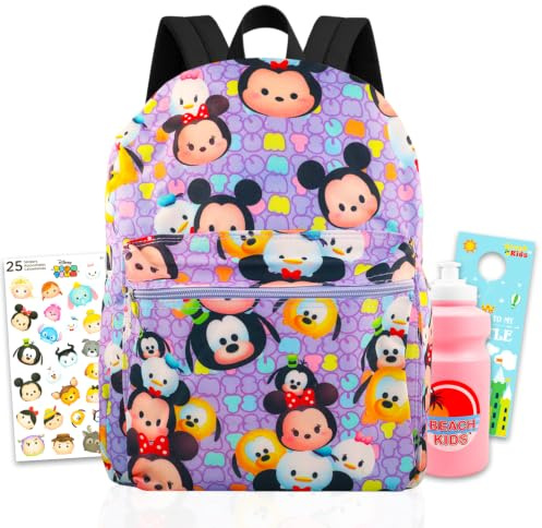 Mickey Minnie Mouse Backpack for Kids School Bundle w/ 16in Bookbag + More | Daisy Donald Goofy Pluto School Bag w/ Front Zip Pocket Plus Water Bottle, Stickers, More - Disney Tsum Tsum School Supplies
