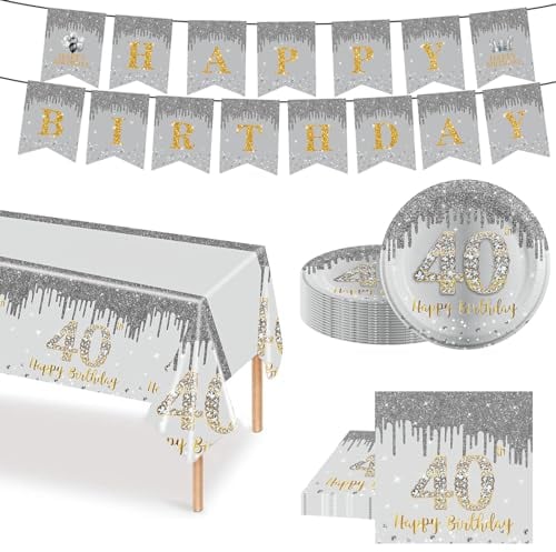 POPOYU Juego de vajilla de 38 piezas de color plateado y dorado para 40 cumpleaños, vajilla de fiesta de cumpleaños número 40, platos de papel, servilletas de 9 pulgadas, pancarta de mantel para