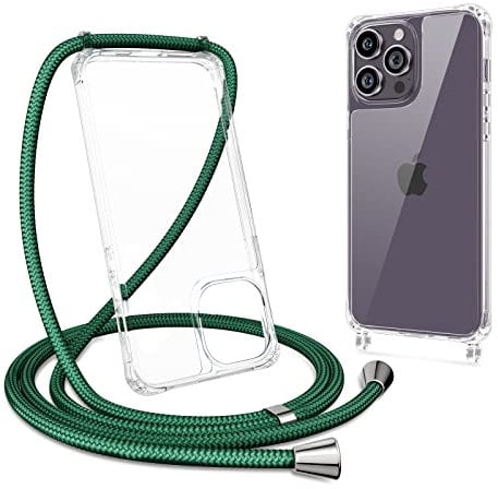 ZTOFERA Crossbody Lanyard Case for iPhone 13 Pro Max, Ultra Clear Hard Back with Soft Bumper Protective Phone Case with Strap Adjustable Neck Cord Necklace Shockproof Cover, Dark Green