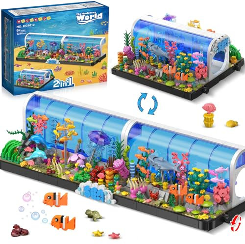 HOGOKIDS Kit acquario – 2 tipi di giocattoli da costruzione oceanario per bambini adulti, acquario subacqueo girevole con delfini, squali pesce, meduse, regalo di costruzione per ragazzi e ragazze