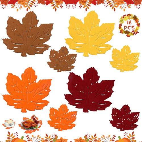 GreenYeah 16 Stück Ahornblätter Herbst Platzsets Set, 8 Ahornblatt Tischsets, 8 Ahornblatt Untersetzer, Maple Leaf Cutwork Filz Untersetzer, Herbst Blätter Tischsets Thanksgiving Herbstdekoration