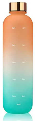 Peosaard Drinking Bottle 1L Leak-proof Frosted Water Bottles with Time Markings for Fitness Camping Sports Orange-Green Gradient, water bottle