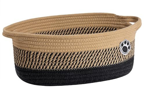 Dog Toy Basket, Dog Storage Bin, Baby Basket for Gifting, Wicker Storage Basket for Dog, Cute Basket with Handles, Small Woven Basket for Nursery, 30 x 20 x 13 cm, Black-Brown