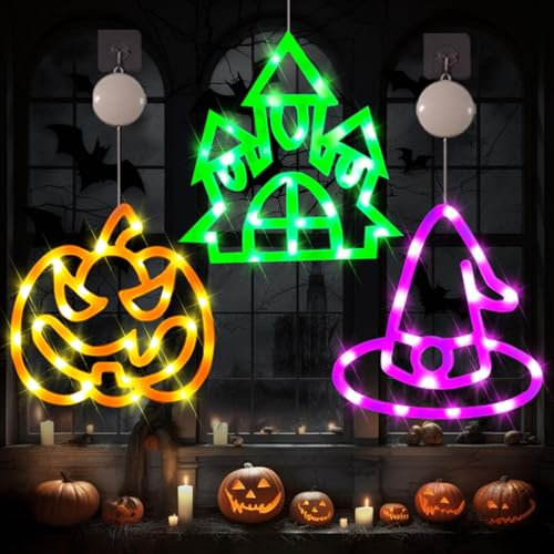 Halloween Deko, 3 Stück Halloween Deko Fenster, Orange Kürbis Lila Hexenhut Grüne Haus Halloween Lichterkette mit Haken, Batteriebetriebene Halloween Fensterdeko für Innen Außen Dekorations (Orange)