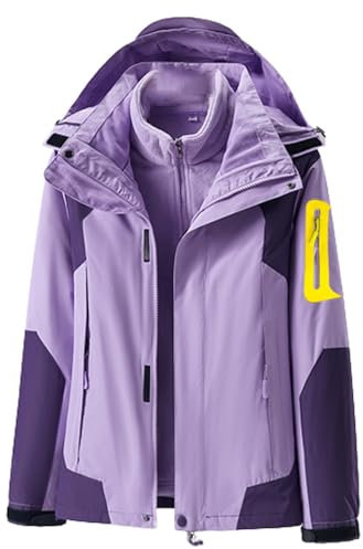 BOTCAM Giacca impermeabile da donna, calda, invernale, doppia giacca da sci 2 in 1, con giacca in pile, antivento, funzionale per attività all'aria aperta con cappuccio, giacca a vento, Lilla, L