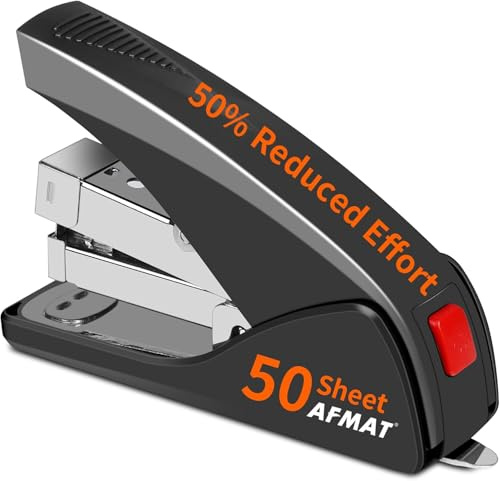 AFMAT Effortless Desktop Stapler, 50 Sheet Capacity, One Finger Touch Stapling, Portable Handheld Ergonomic Heavy Duty Office Stapler for Paper Desk,Built-in Staple Remover,Space Save Size ES10