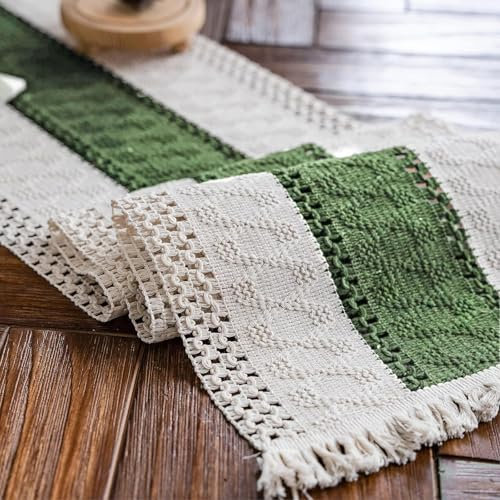 Weldomcor Macrame Table Runner Cream Beige and Green Boho Table Runner with Tassels Hand Woven Cotton Table Cover Rustic Farmhouse Table Decoration for Bohemian Kitchen Dining Table 30 x 180 cm