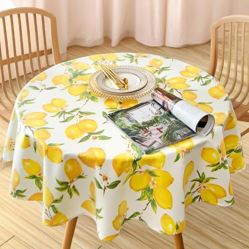BZUEPRS Spring Round PVC Tablecloth,140cm Diameter, Waterproof Fabric Stain Resistant Wipable Cloth Table Cover, For Birthday Party, Dining Tea Table, Outdoor, Kitchen, 55 Inch (Lemon)