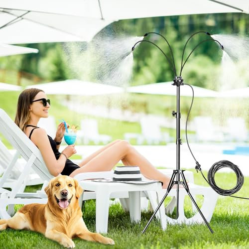 Sistema de Enfriamiento con Niebla de Pie, Manguera de 8 m Con 4 Boquillas de Latón, Ángulo Ajustable de 360° para Refrigeración de Terrazas y Riego de Jardín
