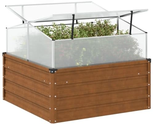 Homgoday Hochbeet Metall Pflanzkübel Pflanzkasten Blumenkasten Gartenbeet Pflanzbeet Frühbeet Blumenbeet Gemüsebeet mit Gewächshausaufsatz Cortenstahl