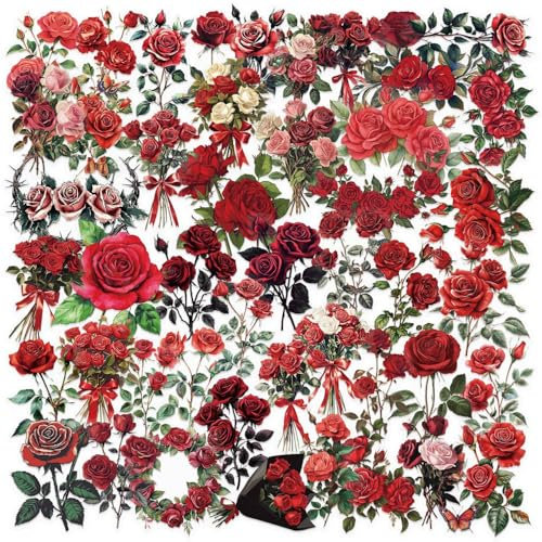 Transparent Red Rose Stickers 50 Pcs Waterproof Vintage Natural Floral Sticker for Water Bottle Luggage Scrapbook Helmet Laptop Bumper Cars Bicycle,Vinyl Funny Trendy Plant Decals for Girls Adults