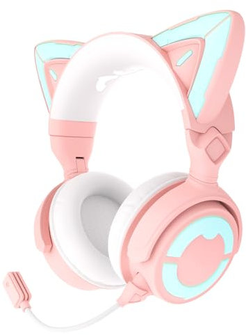 YOWU RGB Cat Ear Headphones 4GS Upgraded Wireless Wired Gaming Headset with Attachable HD Microphone, Active Noise Reduction (Pink)