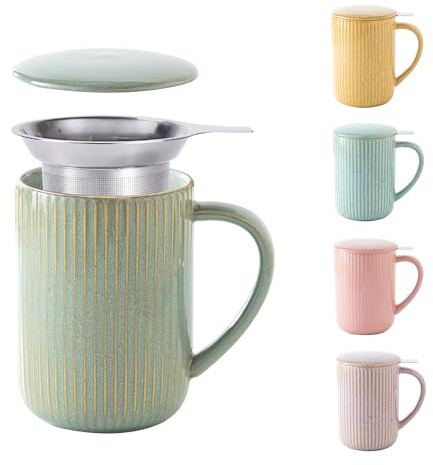 Yundu 15.5oz/470ml Flambe Green Ceramics Teacups with Infuser and Lid, Loose Leaf Tea Cup