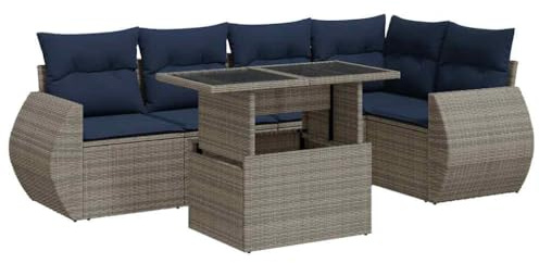vidaXL 6 Piece Garden Sofa Set with Cushions Grey Poly Rattan Acacia, outdoor sofa set, garden lounge set