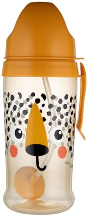Canpol babies Auslaufsichere Trinkflasche mit Strohhalm und Gewicht 350 ml, 9 m+, 1 St., 100 % auslaufsicher, Abnehmbarer Griff, Spülmaschinen- und mikrowellengeeignet (Orange BabiesBoo Cheetah)