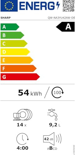 Sharp QW-NA3YU42AW-DE Geschirrspüler Unterbau 60 cm, 14 Maßgedecke, A, 42 dB, Turbo-Trocknung, QuickWash 14’, SteamWash, AutoDoor, EcoBox, Edelstahl