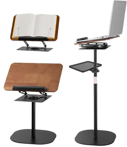 2 in 1 Verstellbarer Buchständer, Höhenverstellbarer 91-119cm Stehpult für Boden/Tisch, 360°-Rotation Laptop Ständer mit Platte, 90°-NeigungLeseständer Metall für Musiknoten, Rezepte, Tablet, Laptop