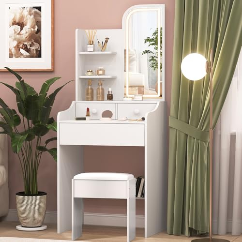 ANCOLOV Kleiner Schminktisch mit Spiegel, Kosmetiktisch mit 3 Schubladen, Frisiertisch mit Hocker, LED Beleuchtung, Weiß Make Up Tisch für Mädchen Kinda, Modern Makeup Vanity Table, 60cm Breit