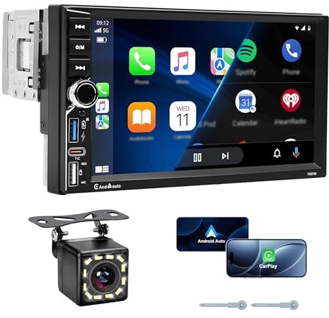 Radio para Coche DIN BT,Compatible con CarPla inalámbrico y Android Auto-Pantalla táctil HD de 7 Pulgadas,Carga rápida Tipo C/Puerto USB/Ecualizador/Controles en el Volante,con cámara de Marcha atrás