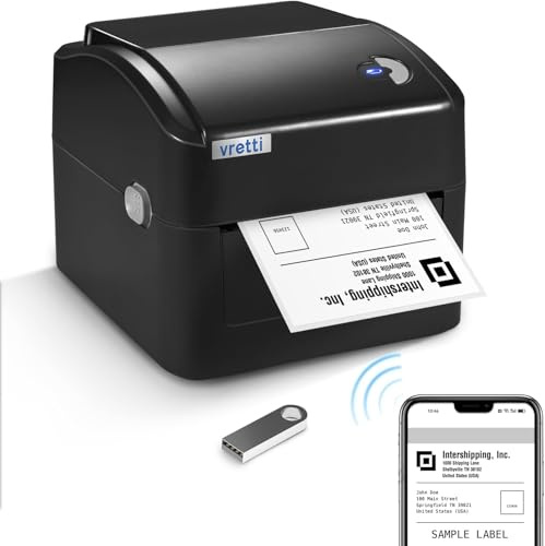 vretti WiFi Etikettendrucker 4x6,WLAN Shipping Label Printer mit Papierfach | DHL Versandetiketten 100 x 150 mm,Thermodrucker Labeldrucker für DHL DPD UPS,99,99% Barcode-Scanrate