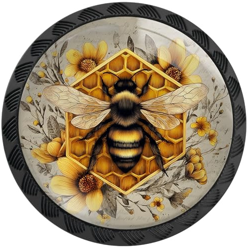 Artinhand 4 Pack Yellow Bee Pattern Cabinet Knobs for Kitchen Bathroom | Vintage Honeycomb Sunflower Drawer Pulls Round Black Dresser Handles Hardware for Desk Cupboard Wardrobe Closet Door Decor