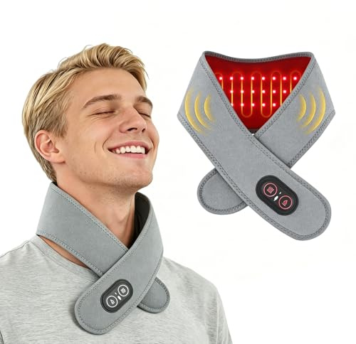 Cordless Neck Massager, Heated Portable Neck Warmer with 3 Heat and Vibration Modes, Scarf Massager for Shoulder Waist Arm Leg, Soothing Warmth for Daily Comfort, Grey