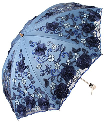Honeystore Wedding Lace Sun UV Parasol 2 Folding 3D Flower Embroidery Umbrella 1811 Blue