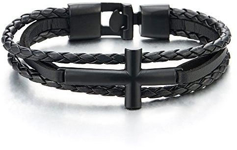 COOLSTEELANDBEYOND Schwarz Horizontalen Seite Seitlich Kreuz DREI Reihen Geflochtene Lederarmband für Herren Damen