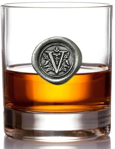 English Pewter Company 11oz Whisky Glass Tumbler with Monogram Initial - Personalised Gift with Your Choice of Initial (V) [MON122]