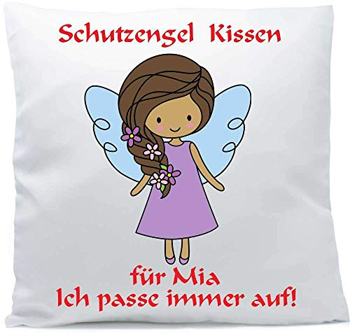 Kissen mit Namen Wunschtext Schutzengel Mädchen braune Haare 40x40 cm inkl. Füllung Kuschelkissen, Kissen Farbe:Vorderseite weiß/RS beere