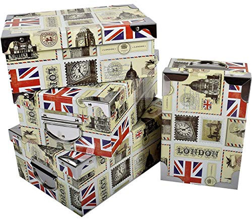 2J London,Satz von 3 bedruckten Pappschachteln aus Karton Dekor UK, England, London mit Metallwinkeln und Griffen. Größen: B 42x30x16 cm - M 40x20,5x15 cm - S 38x26,5x14 cm