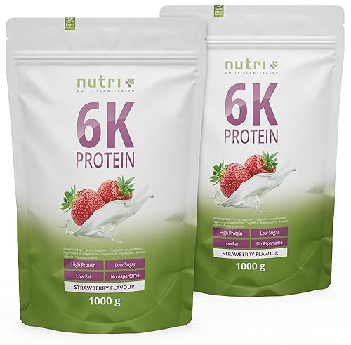 Nutri + Eiweißpulver Erdbeere 2 kg - 6k-Proteinpulver mit Soja - Erbse - Mandel - Sonnenblume - zuckerfrei + kalorienarm - Eiweißshake Erdbeer 2000 g