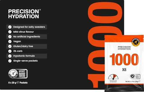 Precision Hydration Elektrolyt-Getränkepulver - Keine künstlichen Zutaten Elektrolyt-Pulver in verschiedenen Stärken - einzelne wasserdichte Portionen (Pack of 8, 1000 mg/L -Orange Paket)
