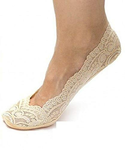 Prime Products 3, 6 X Pairs Ladies Thin Lace Liner Footsies Socks - Superior Soft No Show Socks Women, Beige & Black Colours Footie Invisible Socks Women, UK Size 4-7 (Beige, 1)