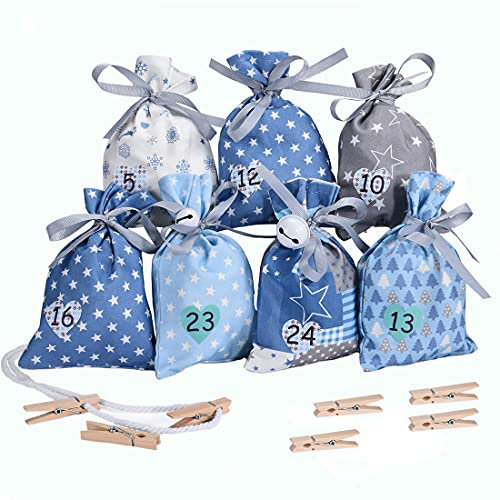 KOHMUI Adventskalender zum Befüllen, Weihnachtskalender Stoffsäckchen Selbstbefüllen Aufhängen, Selbst Befüllen Bastelset, 24 Weihnachten Geschenksäckchen, Hochwertige Blau Säckchen aus Baumwolle