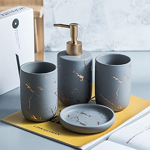 FülleMore 4-teiliges Keramik Bad-Zubehörset Marmor Optik Badaccessoires 300ml Seifenspender,Seifenschale, Zahnbürstenhalter/Zahnputzbecher Badezimmer Set (Grau)