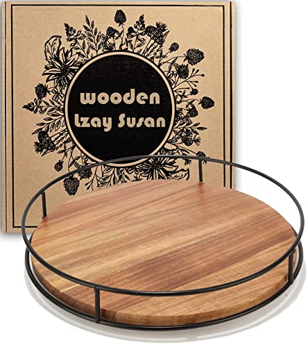12 Acacia Wood Lazy Susan Turntable, Tomoaza Kitchen Organizer Turntable with Steel Sides, 360 Degree Turntable for Countertop Cabinet or Dining Table(Black)